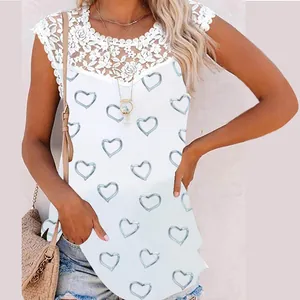 Detailed view of the white lace neckline and heart pattern on a casual summer tank top