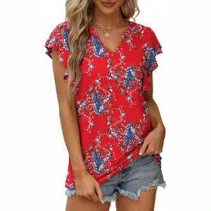 Elegante blusa de flores roja con cuello en V y mangas con volantes sexy para verano