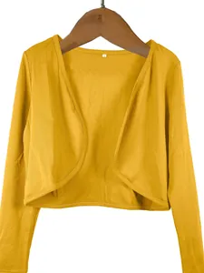 Close-up detail of a bright yellow long sleeve cropped bolero shrug with open front