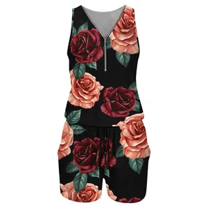 Casual women's summer sleeveless floral print romper with sexy V-neck front zipper