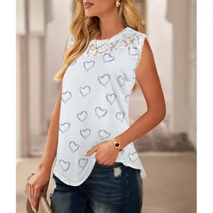 Casual women's sleeveless white top featuring delicate lace trim and blue heart prints.