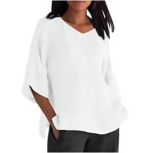 Elegant loose white V-neck mid-sleeve cotton linen blend top for women summer wear