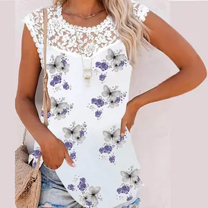 Close-up of women's sleeveless tank top with elegant lace collar and butterfly print