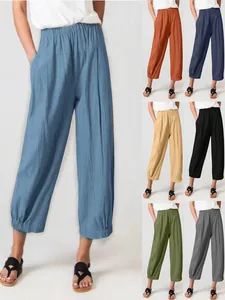 Women Casual Polyester Cotton Blend High Waist Harem Pants Loose Solid Color Bottom With Elastic Waist Pockets Fashion Trousers