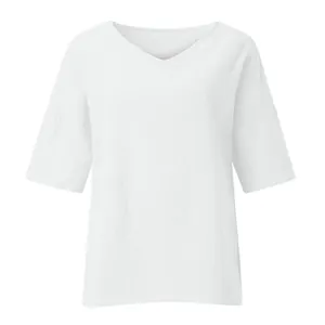 Close-up of a women's elegant white V-neck blouse featuring loose fit and wide mid-sleeves