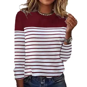 Women's casual long-sleeve striped crewneck T-shirt with maroon color-block design