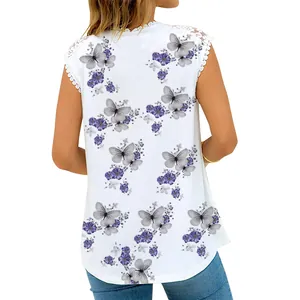 Back view of women's white sleeveless top with purple butterfly print and lace trim