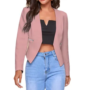 Elegant dusty pink open front blazer for women featuring stylish decorative zipper pockets