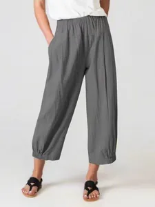 Women's loose grey casual cropped pants with elastic waist and gathered cuffs