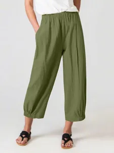 Women's loose olive green casual lantern pants with elastic waist and side pockets