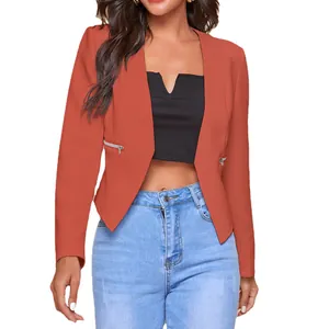 Women's orange open front blazer with decorative zippers for 2024 autumn fashion