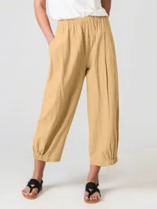 Summer casual loose-fit solid color trousers for women in khaki linen-look fabric