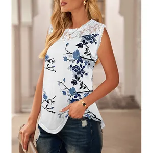 Close-up detail of white sleeveless floral print tank top with elegant lace crochet neckline