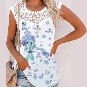 Detail of white lace neckline and blue dragonfly floral print on women's casual tank top
