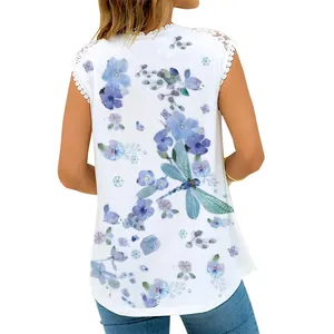 Women's summer white tank top with blue dragonfly floral print and lace trim detail