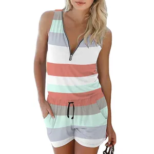 Combinaison short d'été grande taille à rayures avec fermeture éclair pour femme