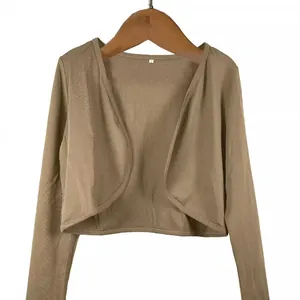 Elegant women's cropped open-front bolero shrug jacket in a solid beige professional style