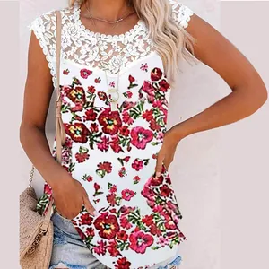 Detailed view of women's summer tank top with red floral print and white lace yoke