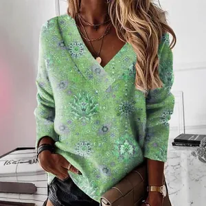 Elegant women's green V-neck sweatshirt featuring an intricate mandala floral print.