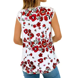 Back view of summer floral print tank top with elegant white lace trim detail