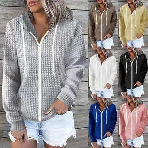 Women Waffle Knit Zip Up Hoodie Thickened Solid Color Sweatshirt Drawstring Jacket With Pockets Casual Autumn Winter Outerwear Top