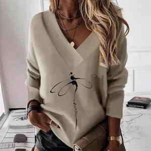Stylish women's beige V-neck long sleeve sweatshirt featuring a unique dragonfly print