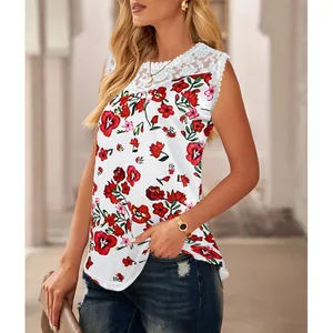 Detail view of women's summer tank top with vibrant red floral print and delicate lace trim