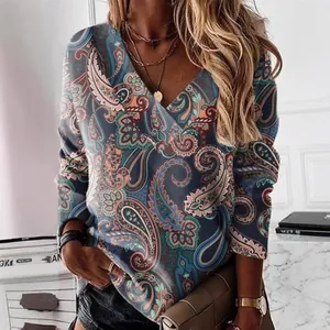 Bohemian paisley print V-neck long sleeve sweatshirt for women, autumn fashion style.