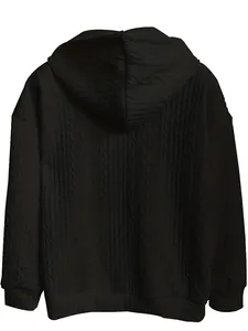 Detailed back view of a black jacquard hooded cardigan with textured cable-knit pattern