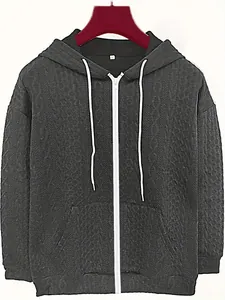 Front view of women's dark grey jacquard zip-up hoodie with white drawstrings