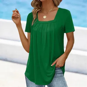 Modisches grünes Damen-T-Shirt mit Karree-Ausschnitt und Falten, loses lockeres Sommertop