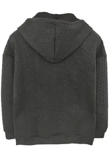 Back view of a women's dark grey jacquard zip-up hoodie showing cable knit texture