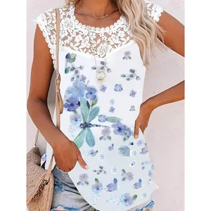 Women's summer floral tank top with lace trim and round neck sleeveless design