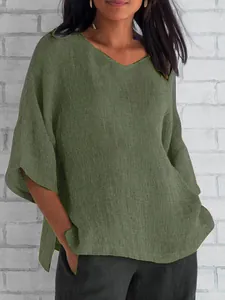 Casual loose olive green V-neck linen top with half sleeves and side slits for women