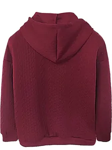 Detailed back view of a burgundy women's hooded sweatshirt with textured jacquard pattern