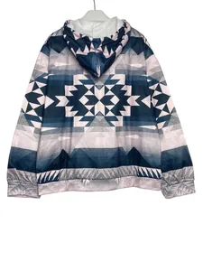 Rear view detail of a hooded sweatshirt with geometric Aztec pattern print