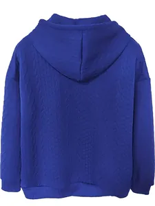 Back view of a blue women's jacquard hooded jacket with textured cable knit patterns