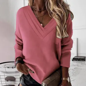 Camiseta casual de manga larga para mujer con cuello en V de varias capas en rosa