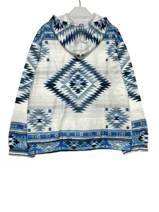 Detailed back view of a hooded sweatshirt with blue and white geometric tribal patterns