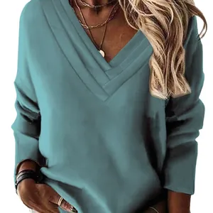 Sudadera casual de mujer verde azulado con manga larga y cuello en V de varias capas.
