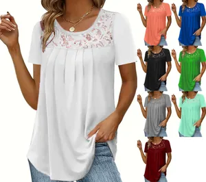Womens short sleeve T-shirt featuring elegant lace neckline and pleated detail in multiple colors