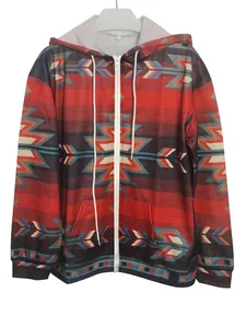Full view of women's long-sleeve zip hoodie with vibrant ethnic tribal geometric print