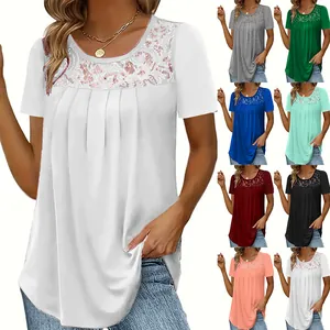 Women's short sleeve T-shirt with elegant lace neckline in multiple solid colors