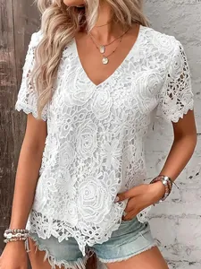 Elegant white floral lace short sleeve blouse with V-neck for stylish summer women look