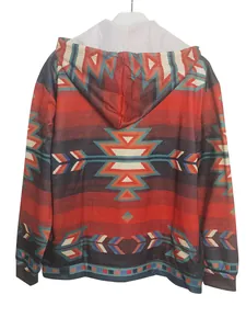 Detailed back view of a women's hoodie with a vibrant ethnic geometric print.