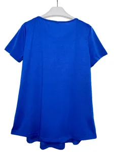Back view of a vibrant royal blue short sleeve T-shirt for women on a white hanger.