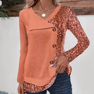 Women Fashion Ribbed Texture Patchwork Long Sleeve Top Asymmetrical V-Neck Button T-Shirt Casual Leopard Print Polyester Blouse