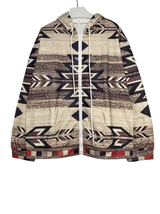 Women's ethnic print zip-up hoodie with a brown and beige Aztec pattern design.