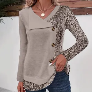 Elegant women's long-sleeve ribbed top featuring stylish leopard print and V-neckline