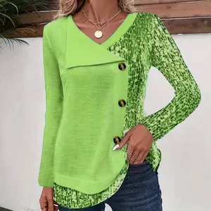 Women's green ribbed knit top with leopard print and V-neck asymmetrical collar
